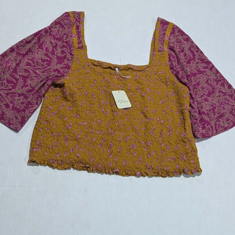 FREE PEOPLE Mustard Yellow Crop Top 3/4 wing Pink Floral Sleeves- Size XL *NWT - Picture 7 of 12